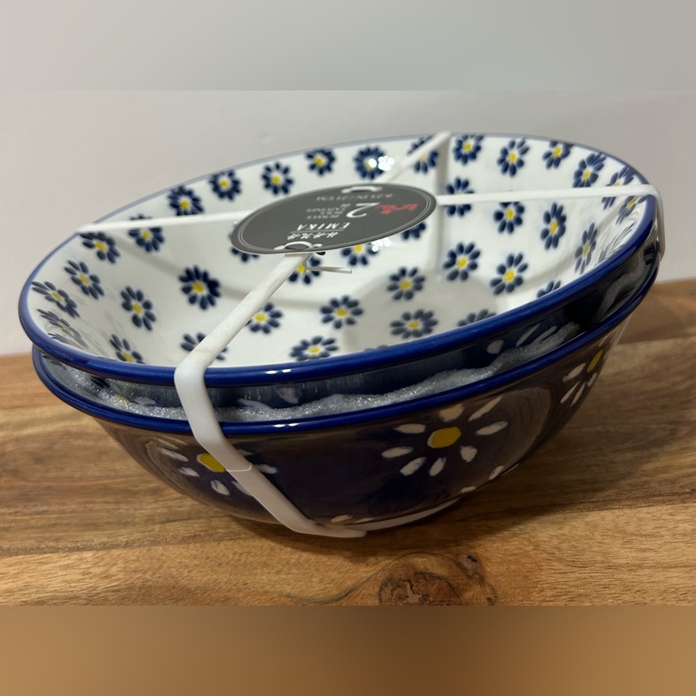 Set of 2 EMIKA Ceramic Blue Floral Noodle Ramen Bowls Footed 8.25” NEW